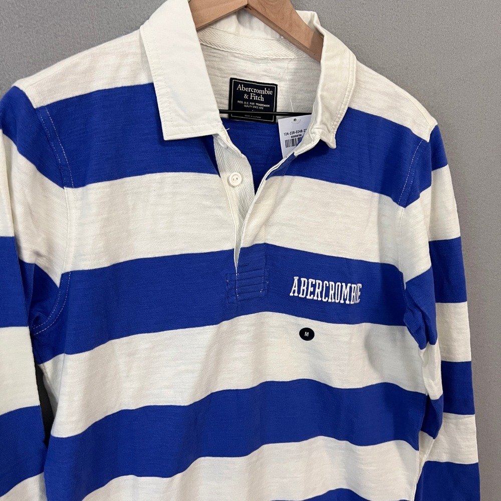 Abercrombie & Fitch Rugby Shirt Men M Blue White Striped Spellout Logo NWT - Picture 7 of 12